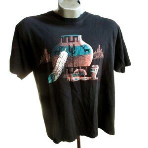 Vintage Black T-Shirt With Southwest Pottery & Wildlife Print Mens L 1990's